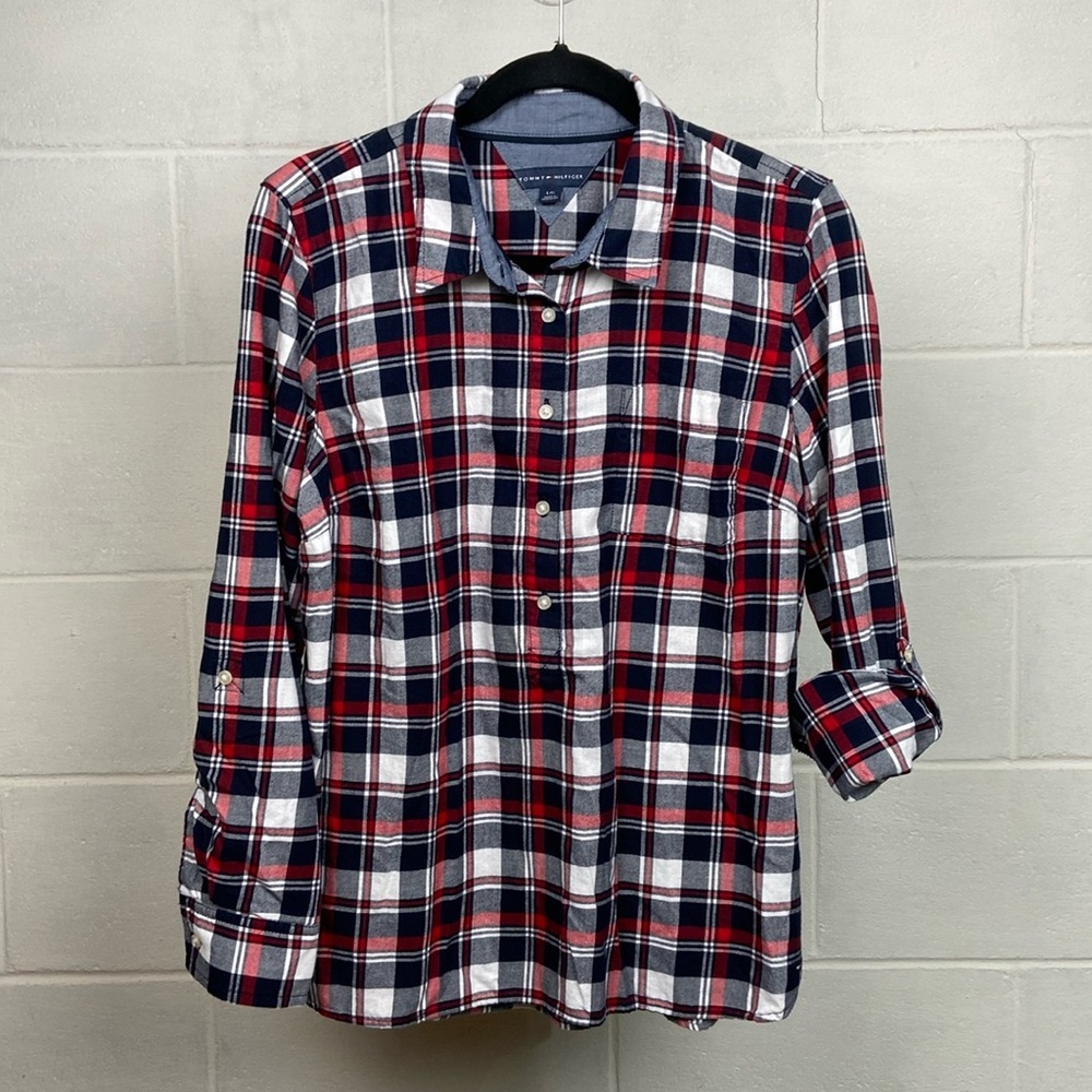 Tommy Hilfiger Women's Flannel Shirt LARGE‎ Red/Blue Plaid Roll Tab Sleeve *EUC
